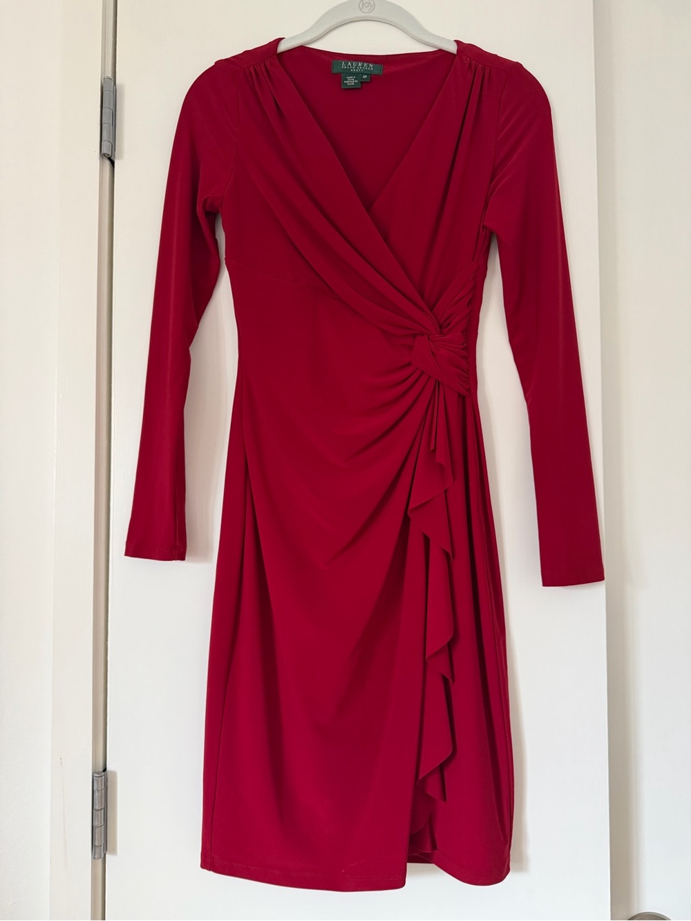 Lauren Ralph Lauren Crimson Faux Wrap Knot Long-Sleeve Dress